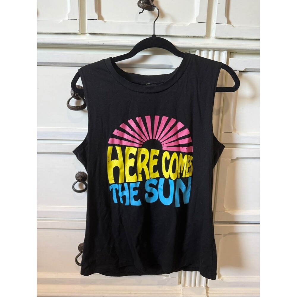 Retro Here Comes The Sun Graphic Muscle Tank Black Sleeveless Tee Womens M